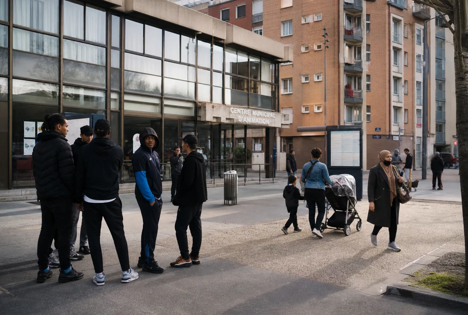 Des passants anonymes devant un bâtiment public à Saint-Denis, dans une rue urbaine française en plein jour.