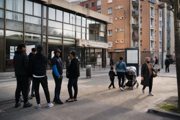 Des passants anonymes devant un bâtiment public à Saint-Denis, dans une rue urbaine française en plein jour.