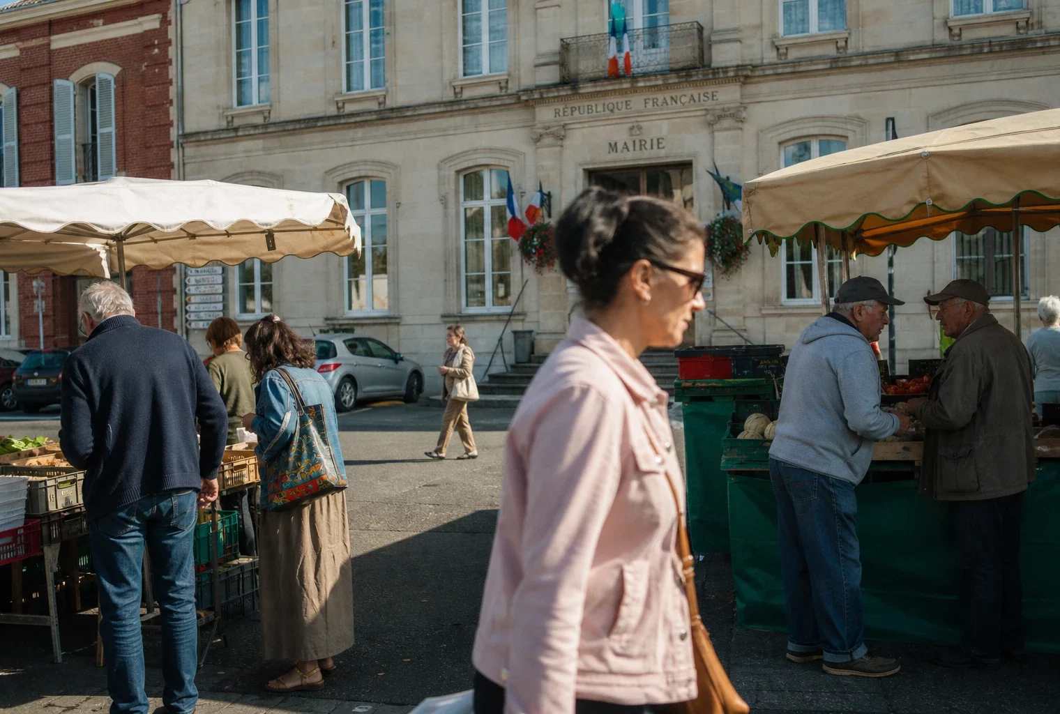 Place de ville française avec marché local, habitants anonymes et façade de mairie en arrière-plan