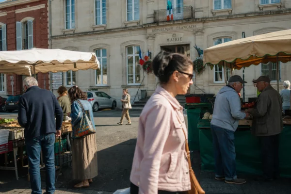 Place de ville française avec marché local, habitants anonymes et façade de mairie en arrière-plan