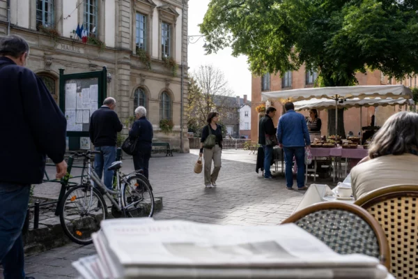 Place de ville française animée près d’une mairie, avec passants anonymes et marché de quartier en lumière naturelle.