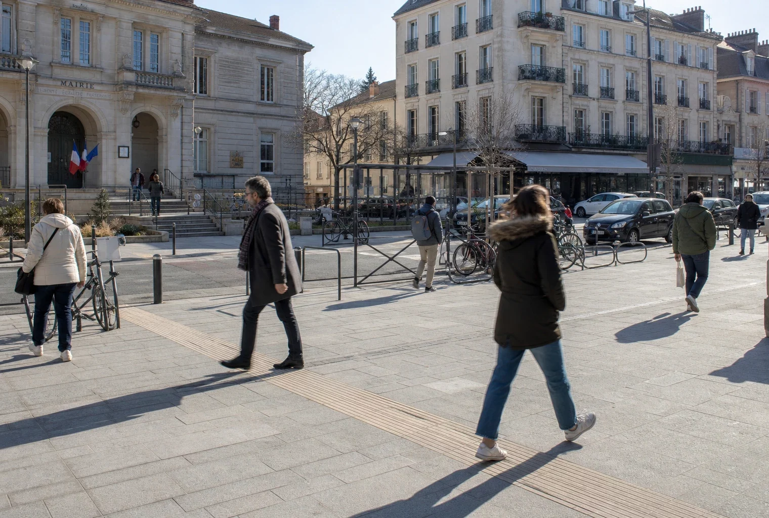 Une place de ville française près de la mairie, avec habitants anonymes et ambiance de quotidien urbain clair.