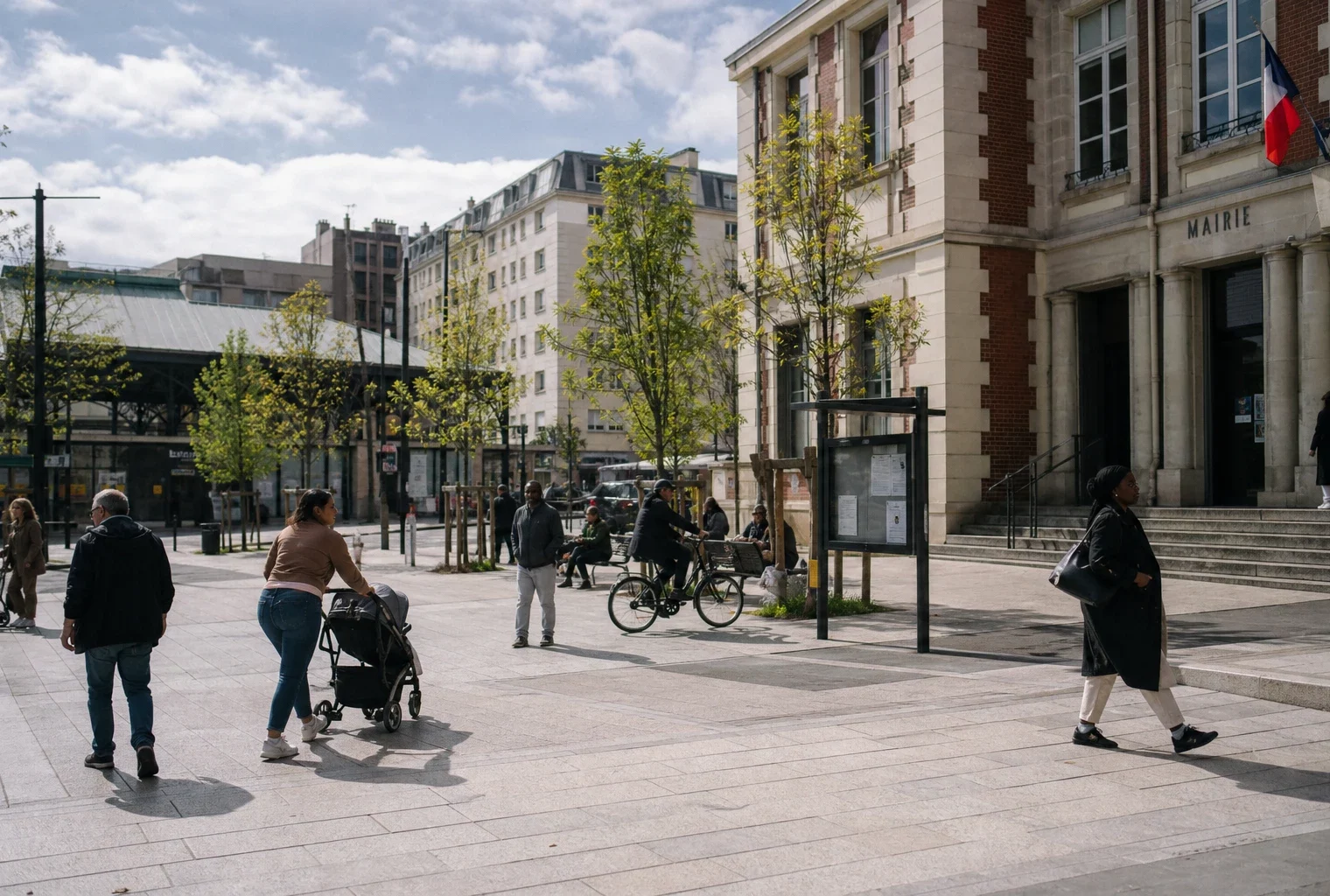 Place de mairie en banlieue parisienne avec habitants anonymes et ambiance de quartier, sous un beau jour naturel.