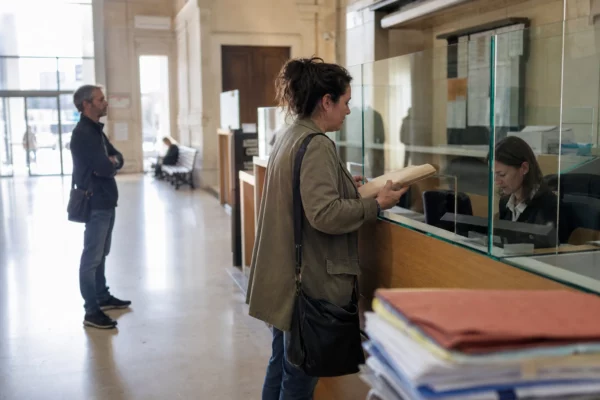 Accueil administratif lumineux avec un dossier au guichet et des usagers anonymes dans un cadre judiciaire français.
