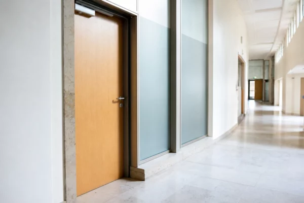 Couloir institutionnel clair dans un bâtiment public français, porte sobre et lumière naturelle éditoriale.