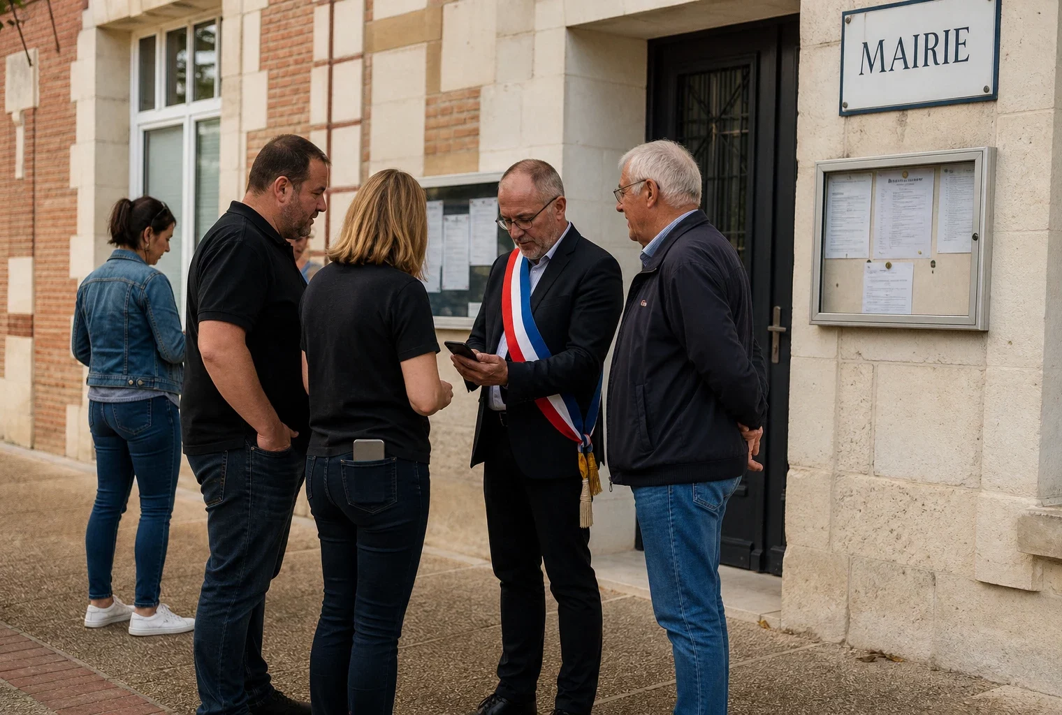 Des citoyens et un élu local devant une mairie française, dans une ambiance calme de recueillement et d’actualité.