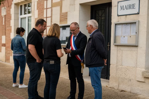 Des citoyens et un élu local devant une mairie française, dans une ambiance calme de recueillement et d’actualité.