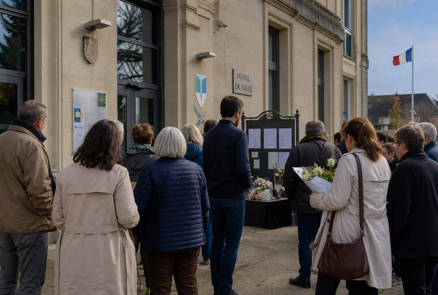 Des habitants et des agents municipaux se rassemblent devant une mairie française pour un hommage local discret.