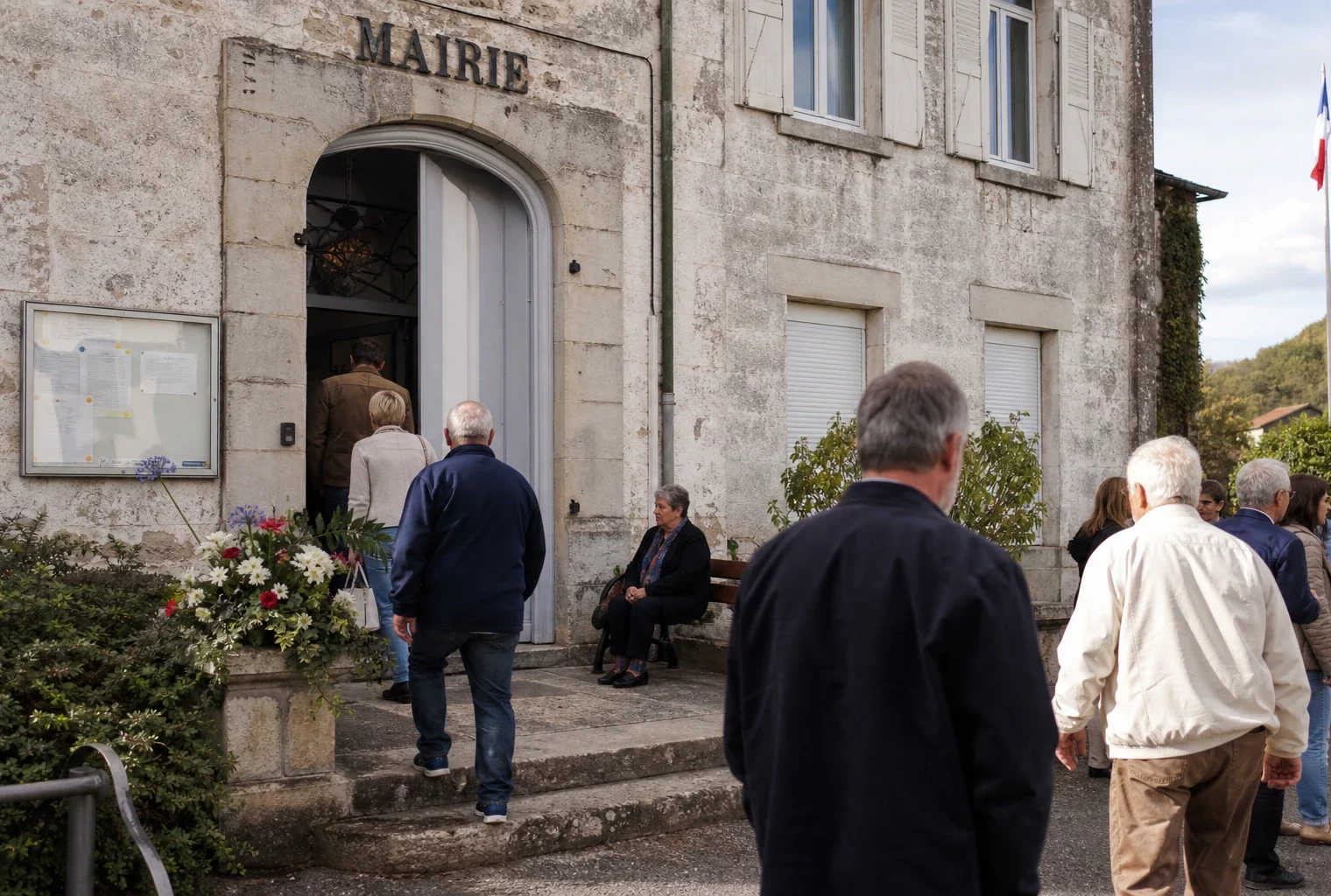 Des habitants arrivent devant une mairie de Corrèze pour un hommage local, dans une scène claire et sobre de vie civique.