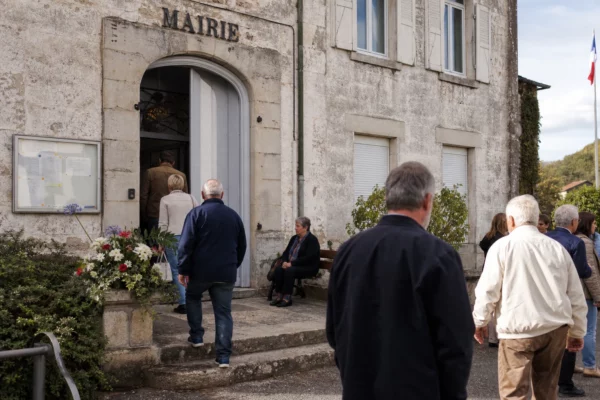 Des habitants arrivent devant une mairie de Corrèze pour un hommage local, dans une scène claire et sobre de vie civique.