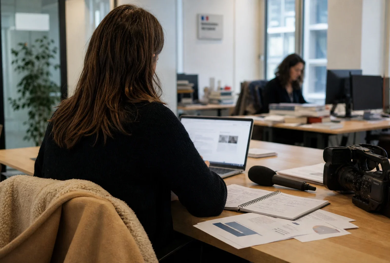 Dans une rédaction parisienne, un journaliste prépare un dossier sur l’IA avec caméra, micro et écrans flous.