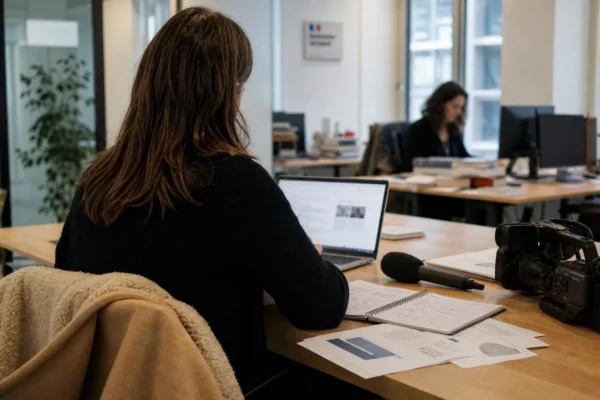 Dans une rédaction parisienne, un journaliste prépare un dossier sur l’IA avec caméra, micro et écrans flous.