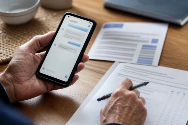Main tenant un smartphone devant un document civique flou, dans une scène française de consultation politique en intérieur.