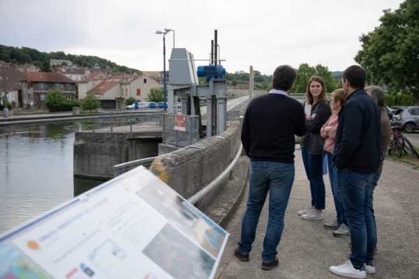 Des habitants échangent près d’une digue et d’une station de pompage au bord d’un canal français.