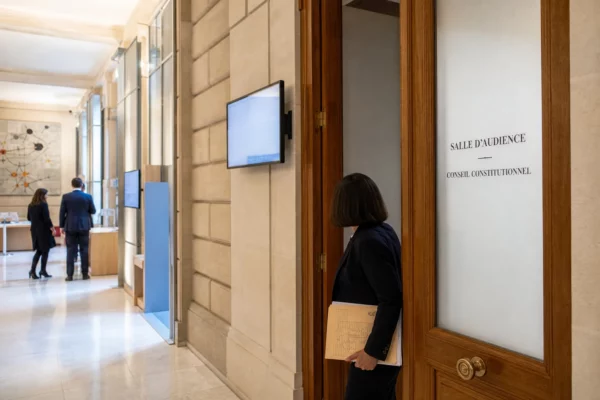 Couloir lumineux d’un bâtiment institutionnel français, avec porte de salle d’audition et silhouettes anonymes.