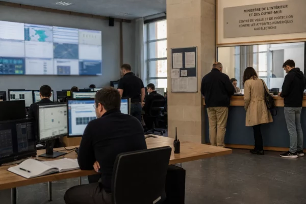 Scène de terrain dans un service public français de cybersécurité, avec agents anonymes et écrans flous en arrière-plan.