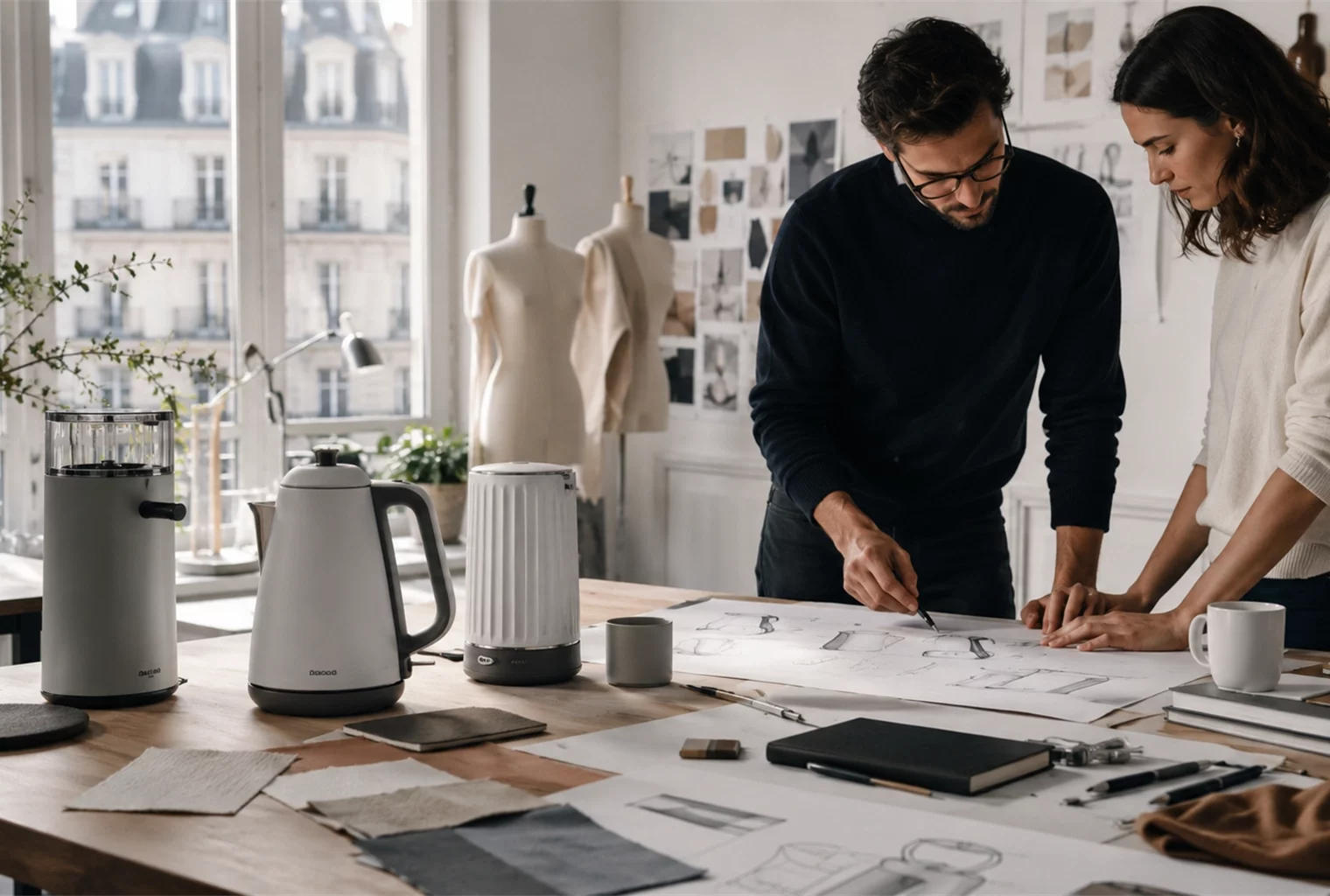 Deux designers travaillent sur les croquis d’appareils électroménagers dans un studio de création, illustrant une innovation qui associe technologie, design, usages et expérience utilisateur.