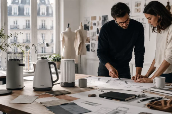 Deux designers travaillent sur les croquis d’appareils électroménagers dans un studio de création, illustrant une innovation qui associe technologie, design, usages et expérience utilisateur.