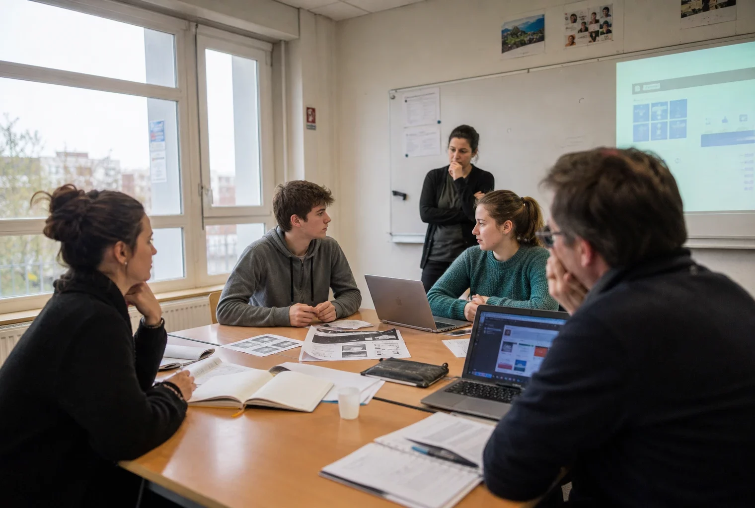 Réunion dans un lycée français autour de l’IA, avec enseignants et élèves en discussion autour d’une table.