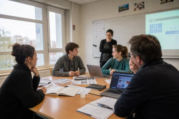 Réunion dans un lycée français autour de l’IA, avec enseignants et élèves en discussion autour d’une table.