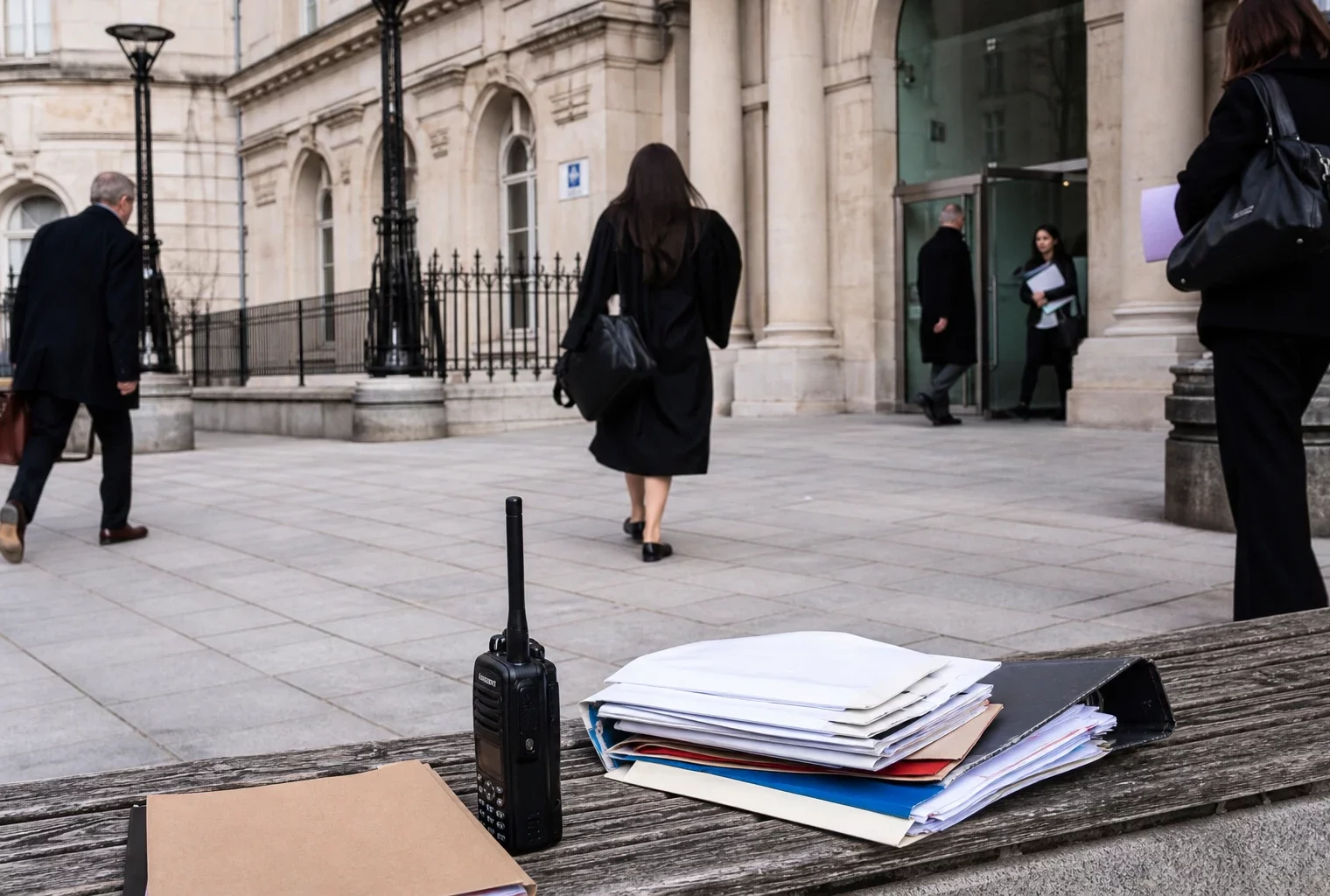Façade d’un tribunal administratif à Paris avec passants anonymes et ambiance calme de journée, en photo de presse.