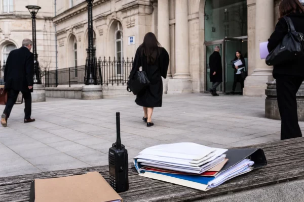 Façade d’un tribunal administratif à Paris avec passants anonymes et ambiance calme de journée, en photo de presse.