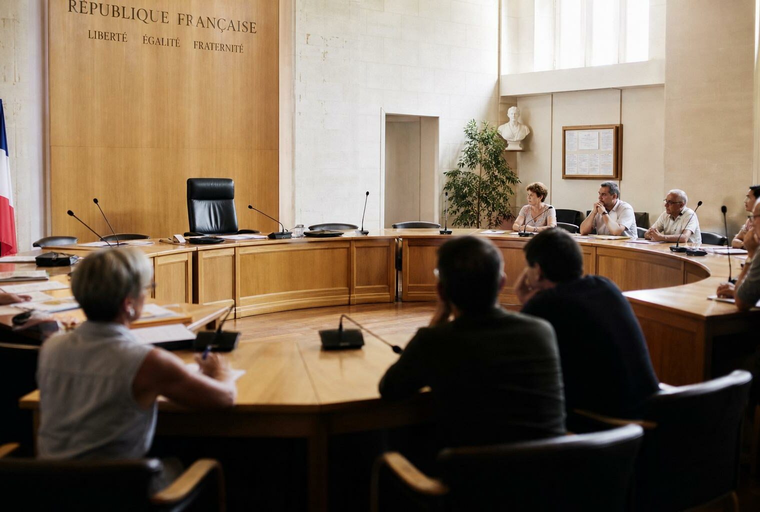 Salle du conseil municipal à Issy-les-Moulineaux avec une chaise vide, micros et dossiers, dans une lumière naturelle claire.