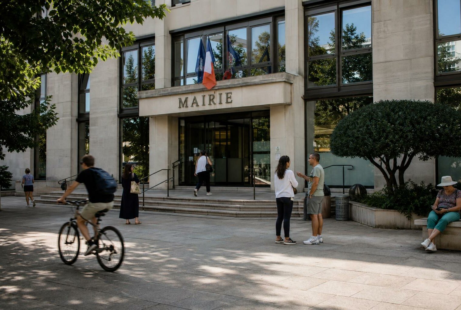 Façade de mairie à Issy-les-Moulineaux avec passants anonymes sur la place, en lumière naturelle.