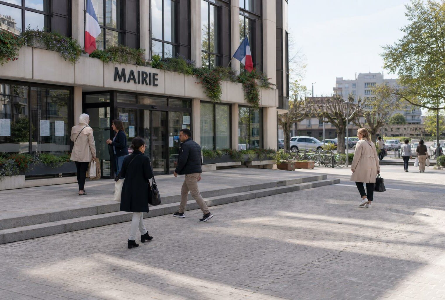 Devant la mairie d’Issy-les-Moulineaux, des habitants anonymes traversent une place municipale en plein jour.