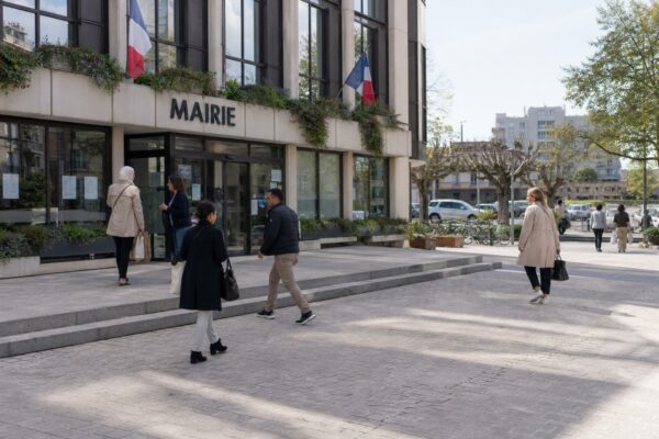 Devant la mairie d’Issy-les-Moulineaux, des habitants anonymes traversent une place municipale en plein jour.