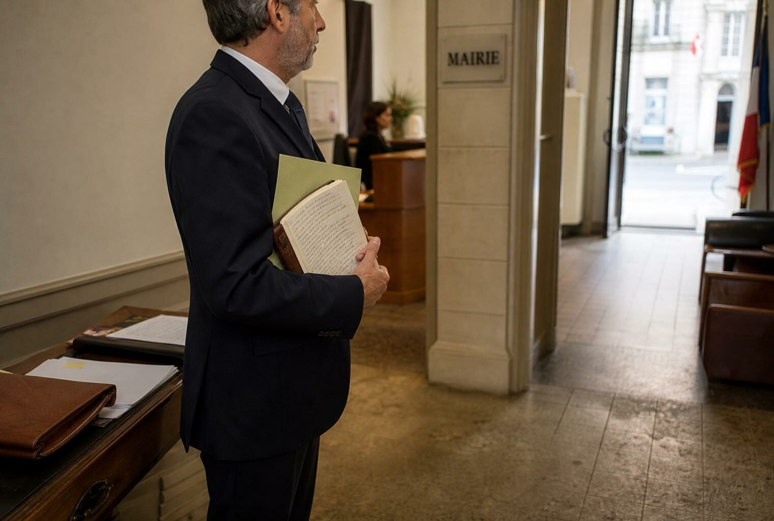 Portrait d’un élu local anonyme dans un couloir lumineux de mairie, dossier à la main, ambiance de succession municipale.