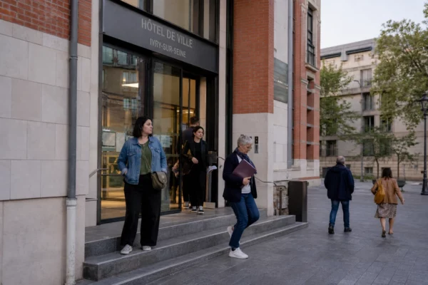 Des habitants entrent dans la mairie d’Ivry-sur-Seine, sur un parvis lumineux, après une séance du conseil municipal.