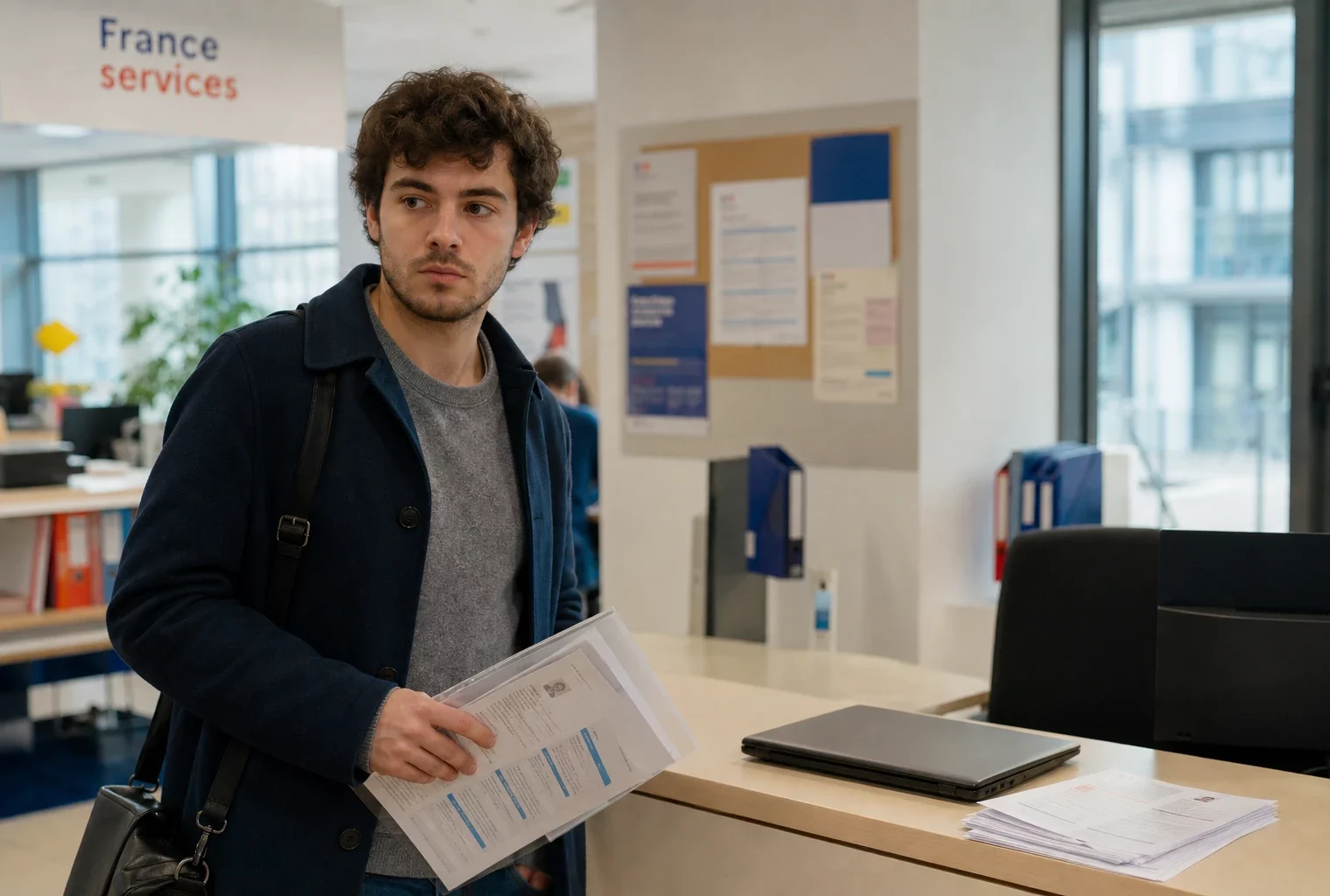 Jeune diplômé anonyme dans un bureau d’accompagnement à l’emploi, tenant un dossier et un CV, lumière naturelle claire.