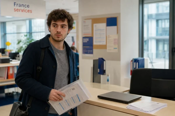 Jeune diplômé anonyme dans un bureau d’accompagnement à l’emploi, tenant un dossier et un CV, lumière naturelle claire.