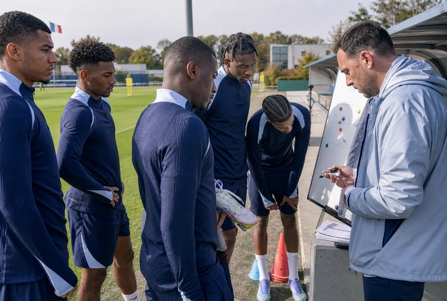 Jeunes footballeurs réunis en briefing dans un centre d’entraînement français avant le Mondial 2026
