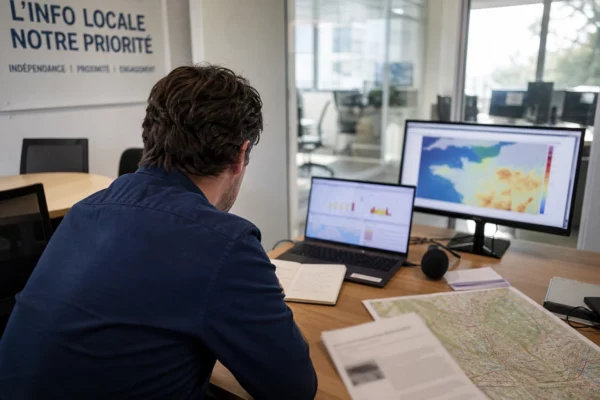 Journaliste en rédaction préparant un sujet sur la canicule, avec carnet, micro et écrans flous.