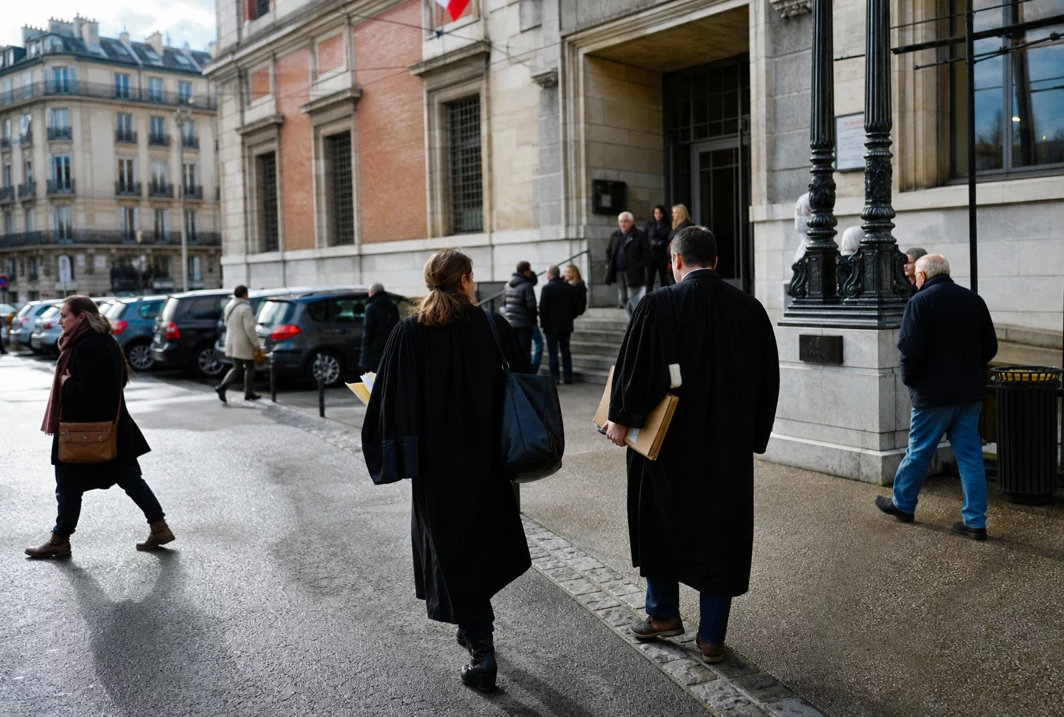 Des avocats et passants anonymes devant un palais de justice français par temps clair.