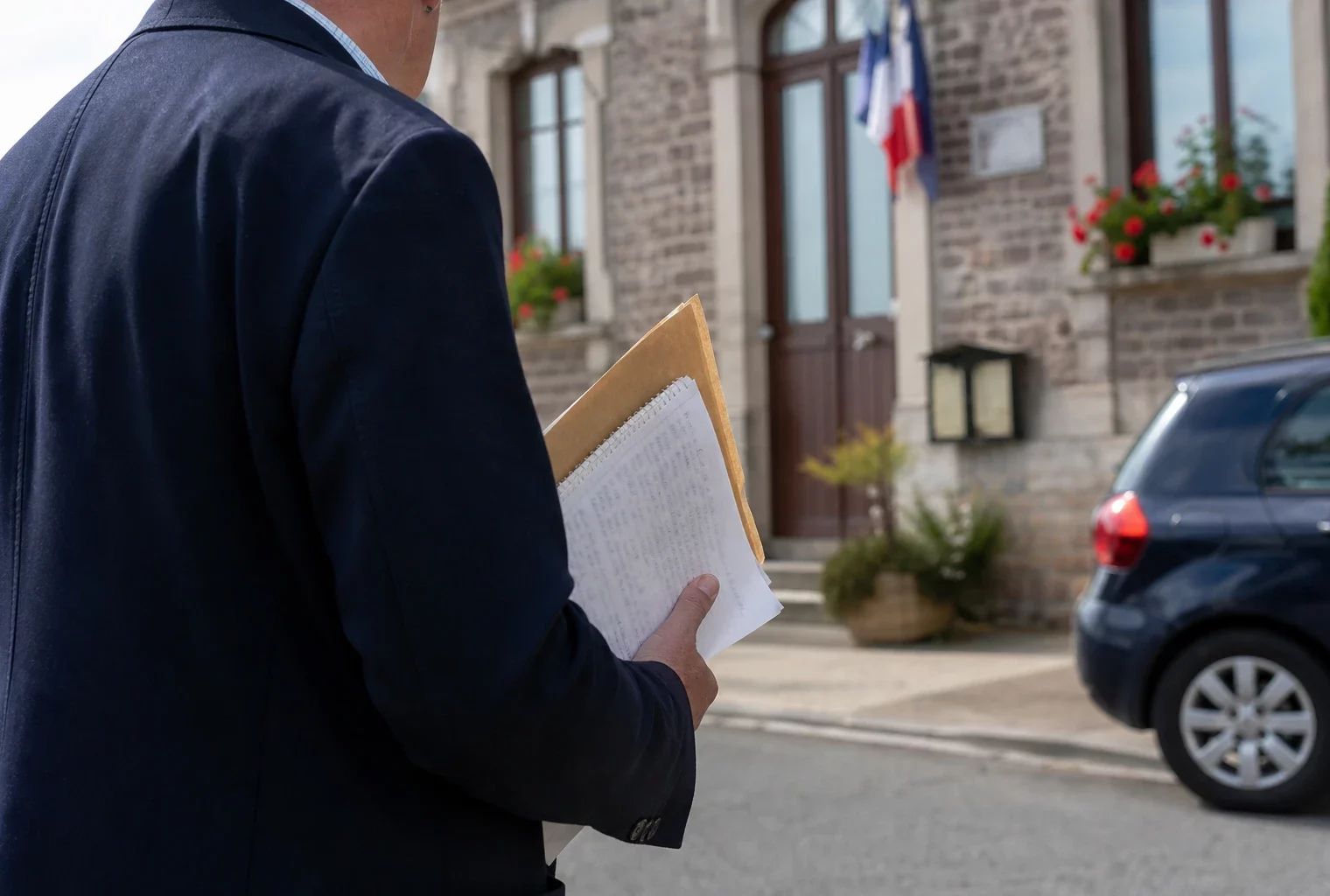 Portrait d’un élu local anonyme devant une mairie, dossier à la main, sur fond de rue française