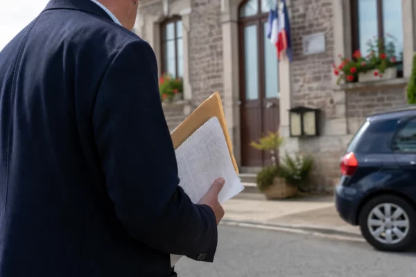 Portrait d’un élu local anonyme devant une mairie, dossier à la main, sur fond de rue française