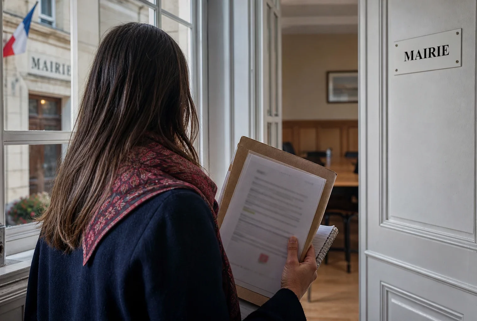 Collaborateur municipal anonyme de dos avec dossier à la main dans un couloir de mairie française.