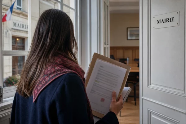 Collaborateur municipal anonyme de dos avec dossier à la main dans un couloir de mairie française.