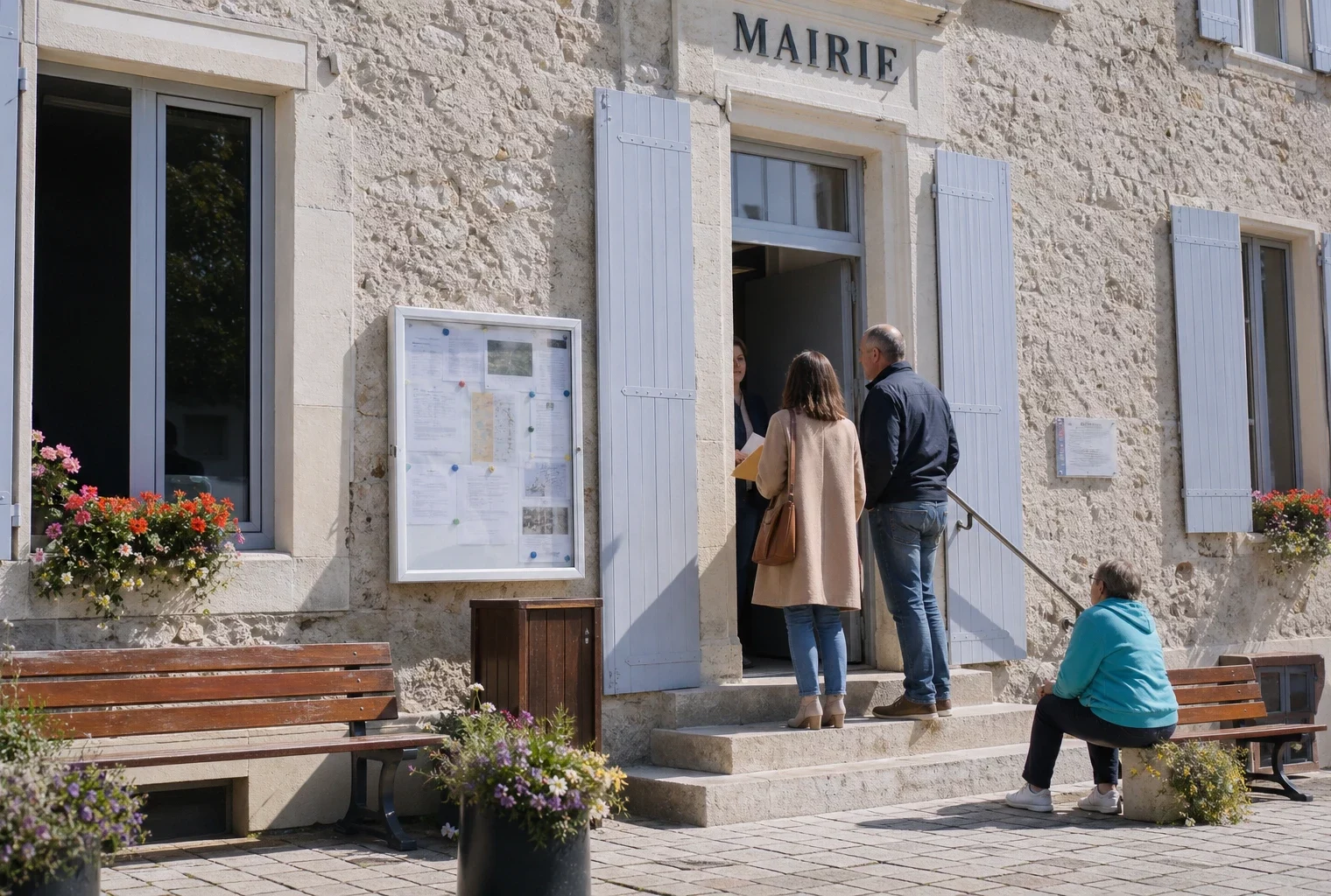 Des habitants anonymes devant une mairie de village française, en lien avec le débat sur la justice et la protection de l’enfance