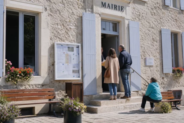Des habitants anonymes devant une mairie de village française, en lien avec le débat sur la justice et la protection de l’enfance