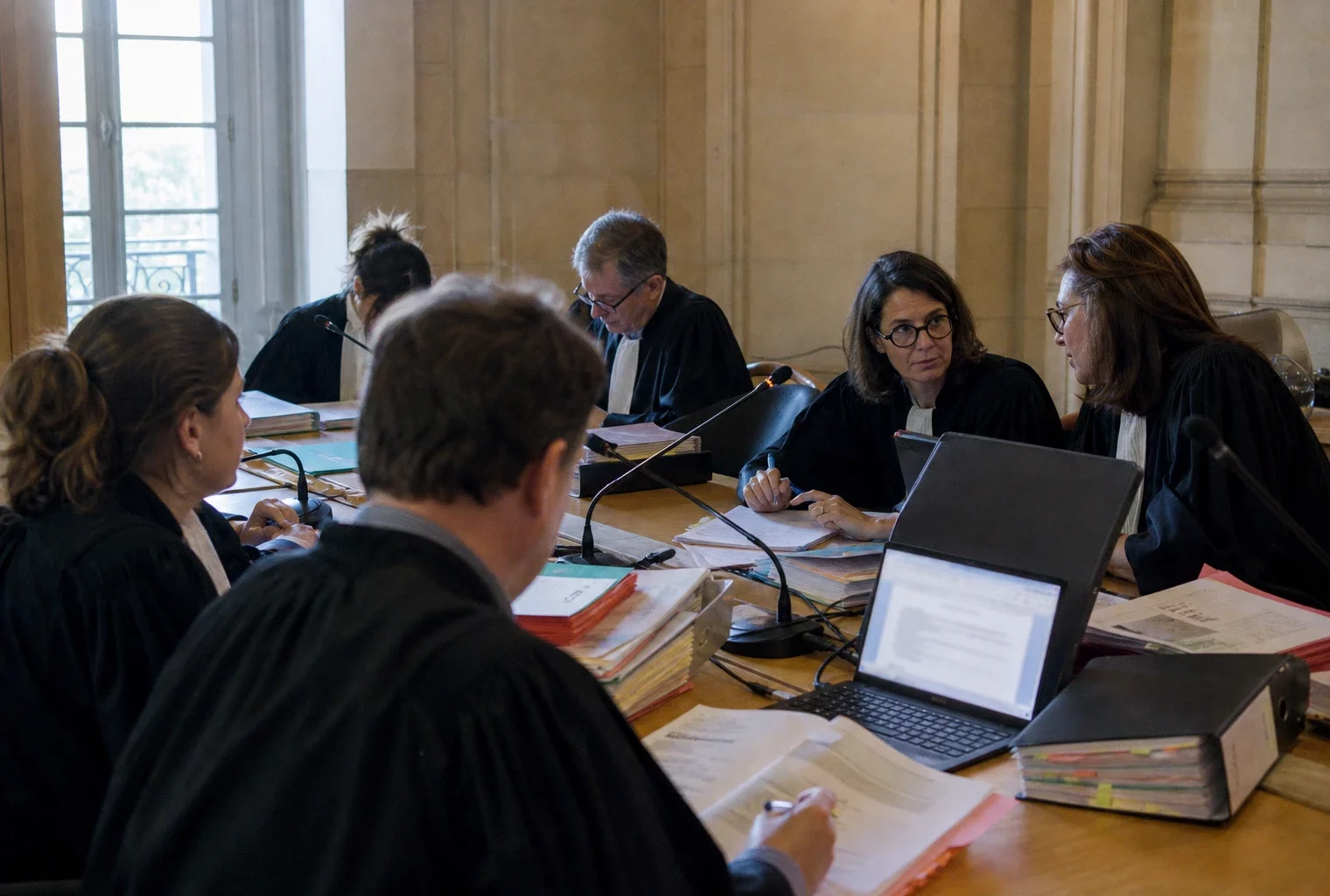 Réunion de magistrats et greffiers dans un tribunal français, dossiers ouverts et écrans flous sur la justice numérique.