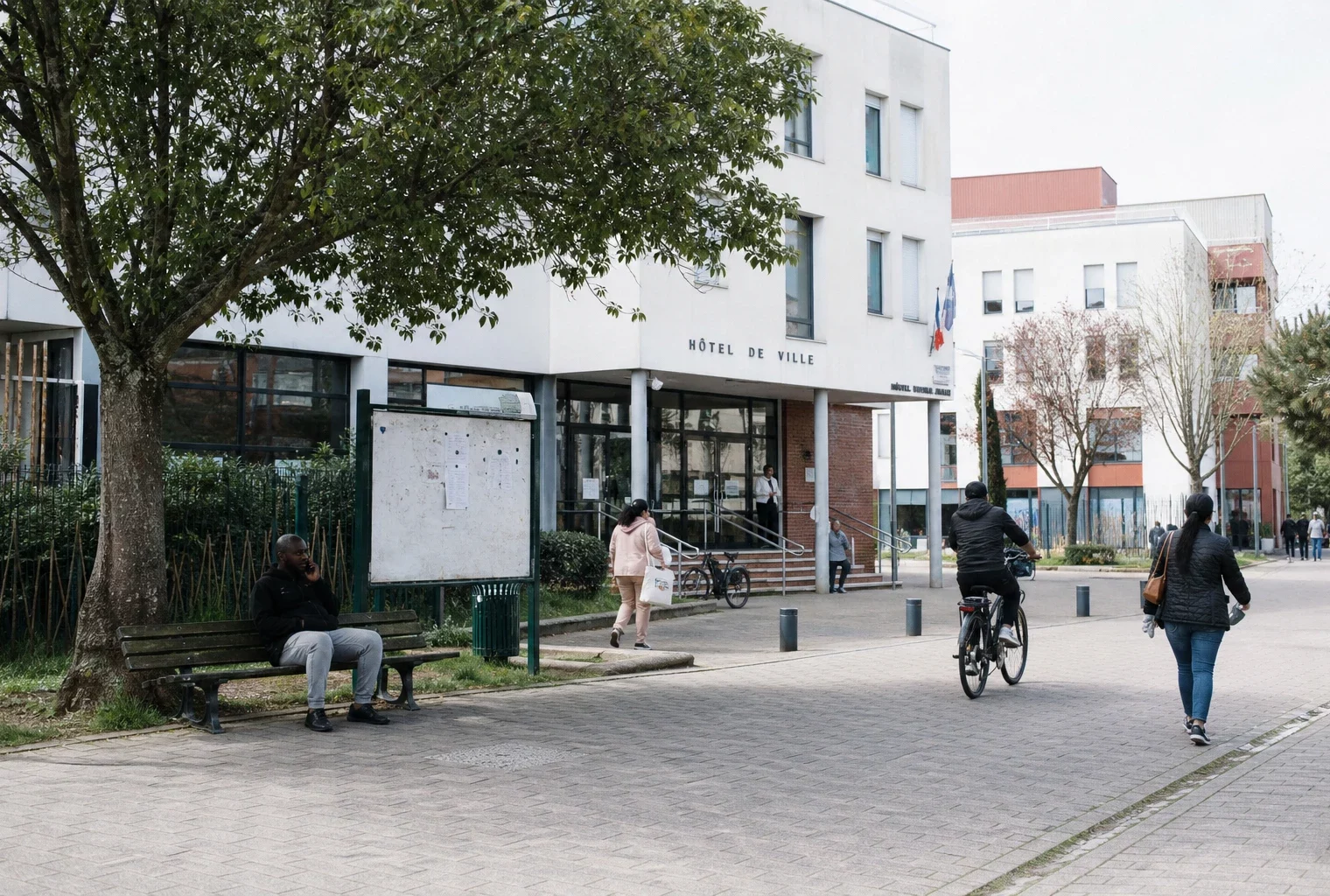 Devant la mairie de La Courneuve, des habitants anonymes traversent la place par temps clair