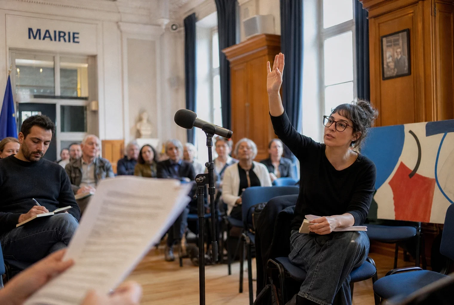 Salle publique française avec micro, document juridique flou et participant levant la main lors d’un débat civique.
