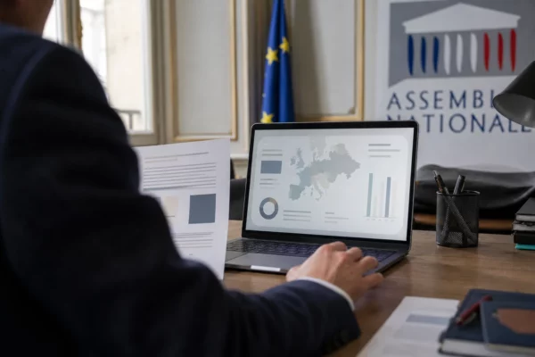 Main floue devant un ordinateur affichant une interface européenne abstraite dans un bureau parlementaire français.