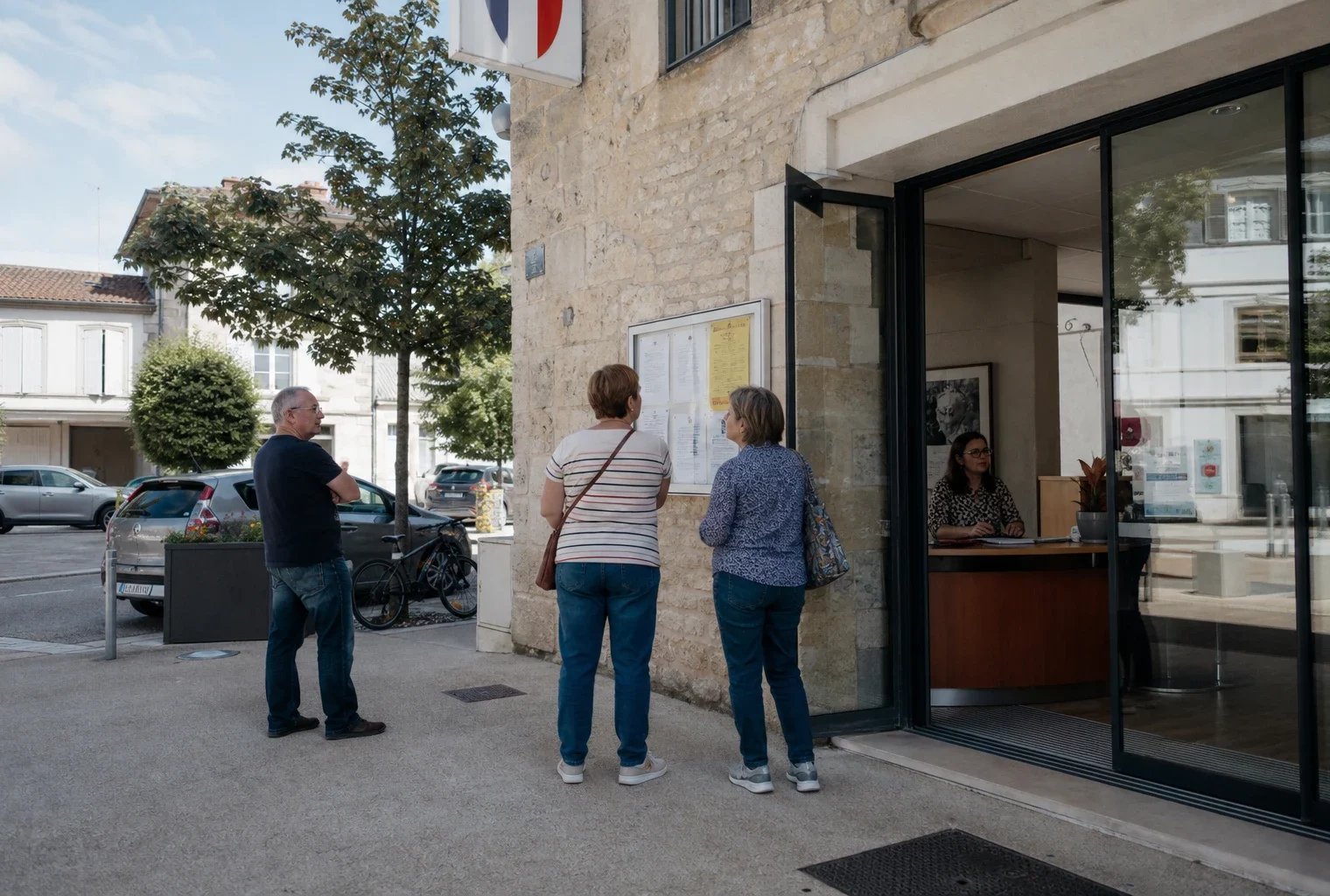 Des citoyens et un agent municipal devant une mairie française, scène de vie publique en lumière naturelle.