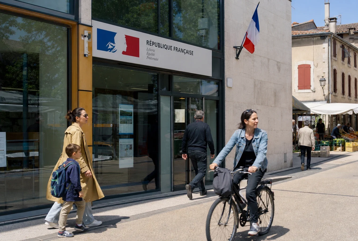 Rue d’une ville moyenne française devant un service municipal, avec passants anonymes et lumière naturelle.