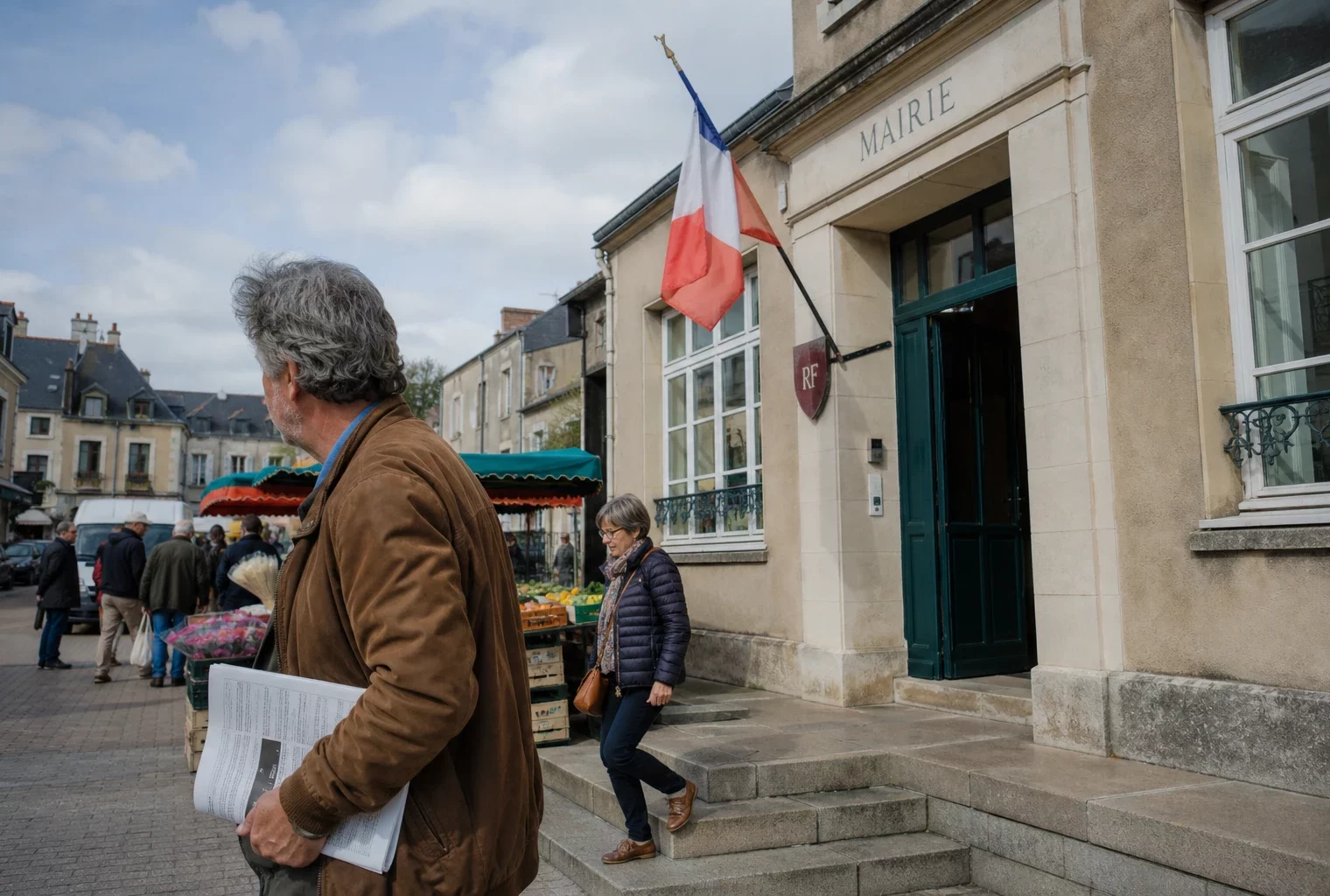 Scène de rue dans une ville moyenne française devant la mairie, avec passants anonymes et marché de quartier.